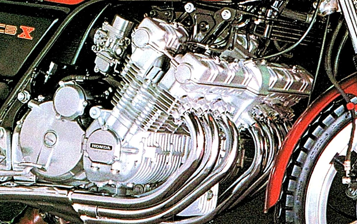 Close-up of the CBX's six air-cooled cylinders and six chrome exhaust headers.